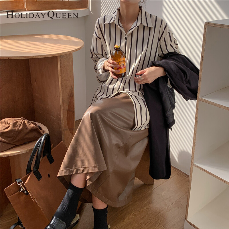 HolidayQueen French All-match Long-sleeved Striped Shirt Women's Design Sense Niche Early Autumn Temperament Tops Lazy Hong Kong Flavor S M L XL Free ShippingWomen's clothing HQ1030