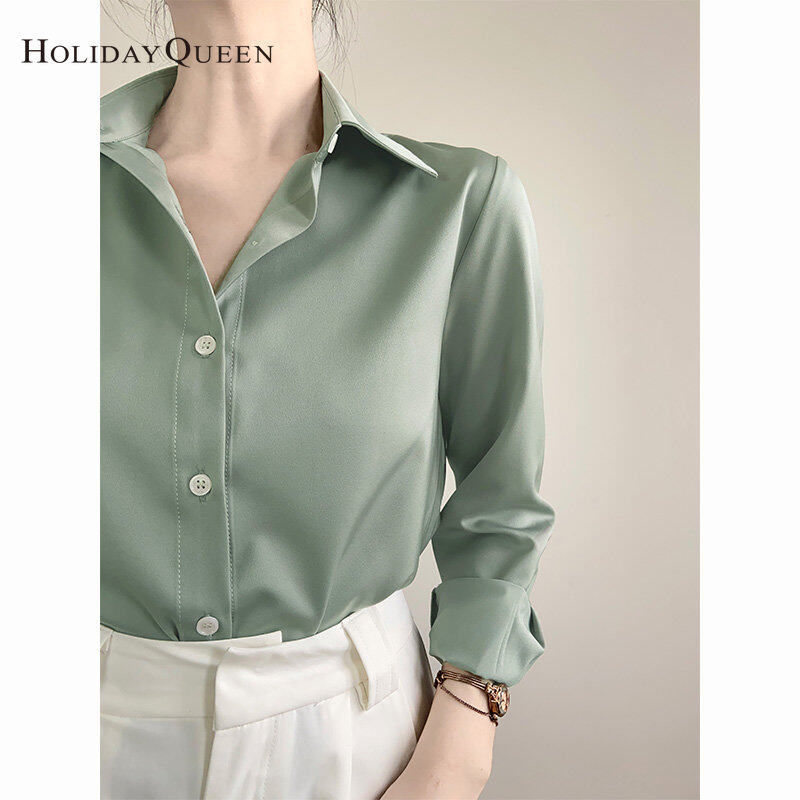 HolidayQueen  Simple High-quality Green Satin Shirt Women's Commuter Shirt Design Sensation Small Top Spring Free Shipping HQ1705
