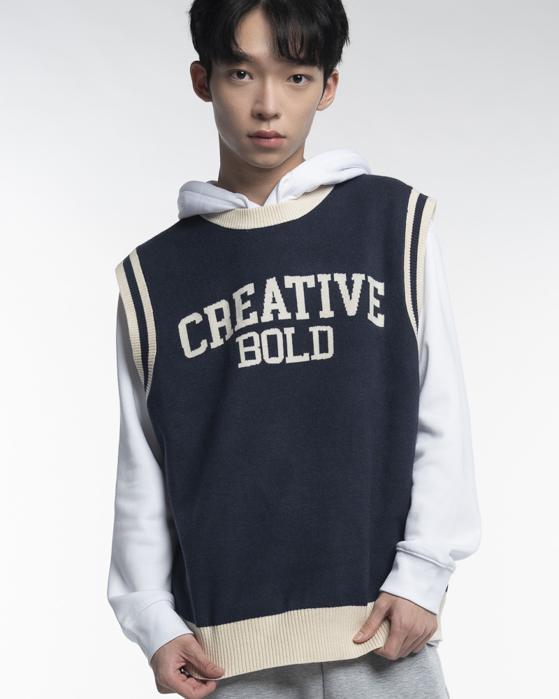 Yishion Men Knitted Round Neck Varsity Vest With Asymmetrical Contrast Coloured Neckline and CREATIVE Slogan (Dk. Blue)